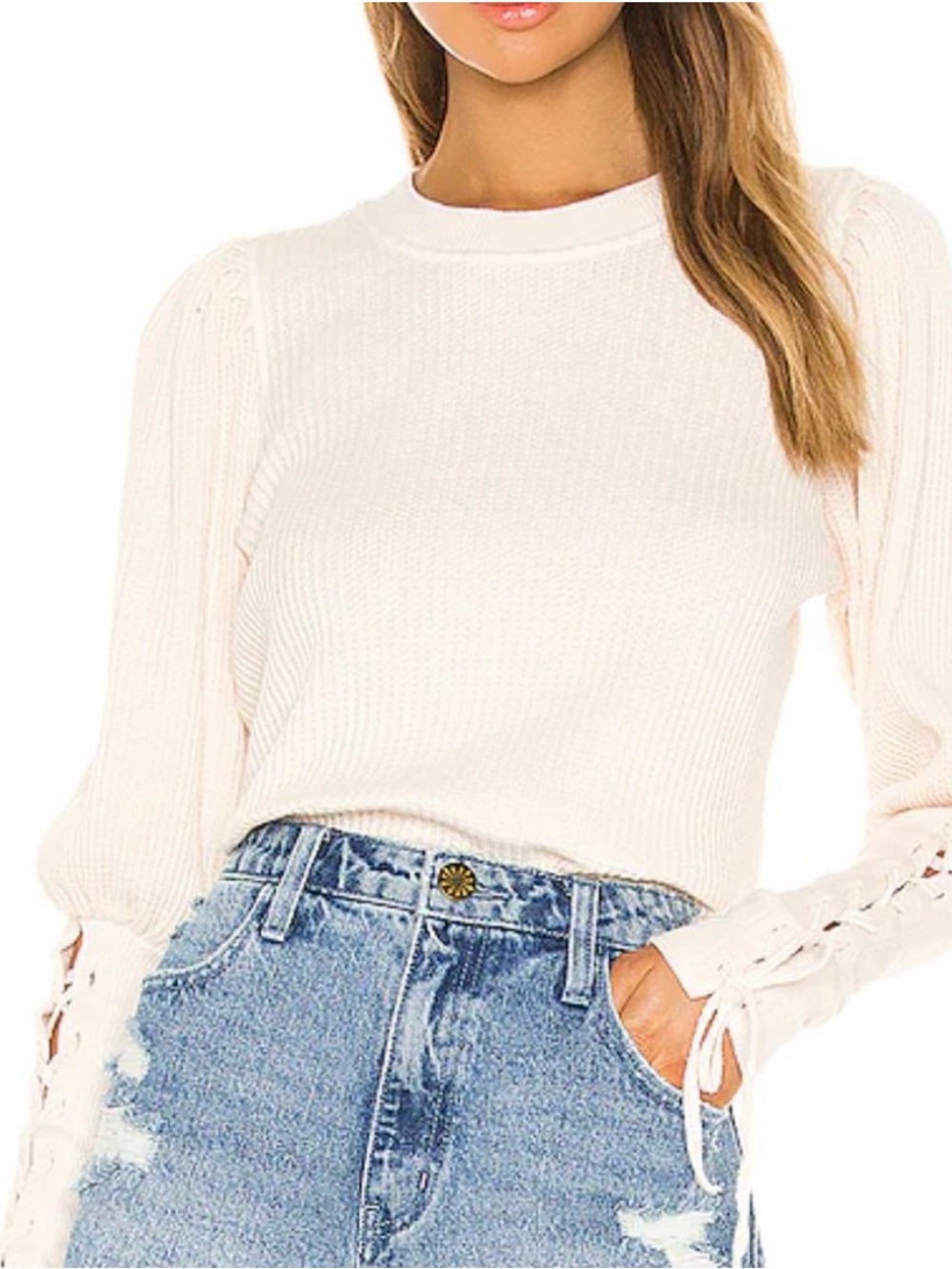 Free People Boho Tasha Waffle Knit Tie Up Sleeve Top